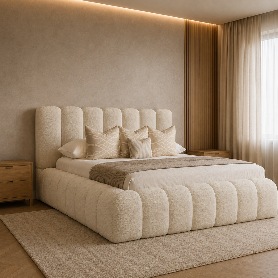 Marshmallow Boucle Bed Frame | Luxury Modern Upholstered Bed 2026