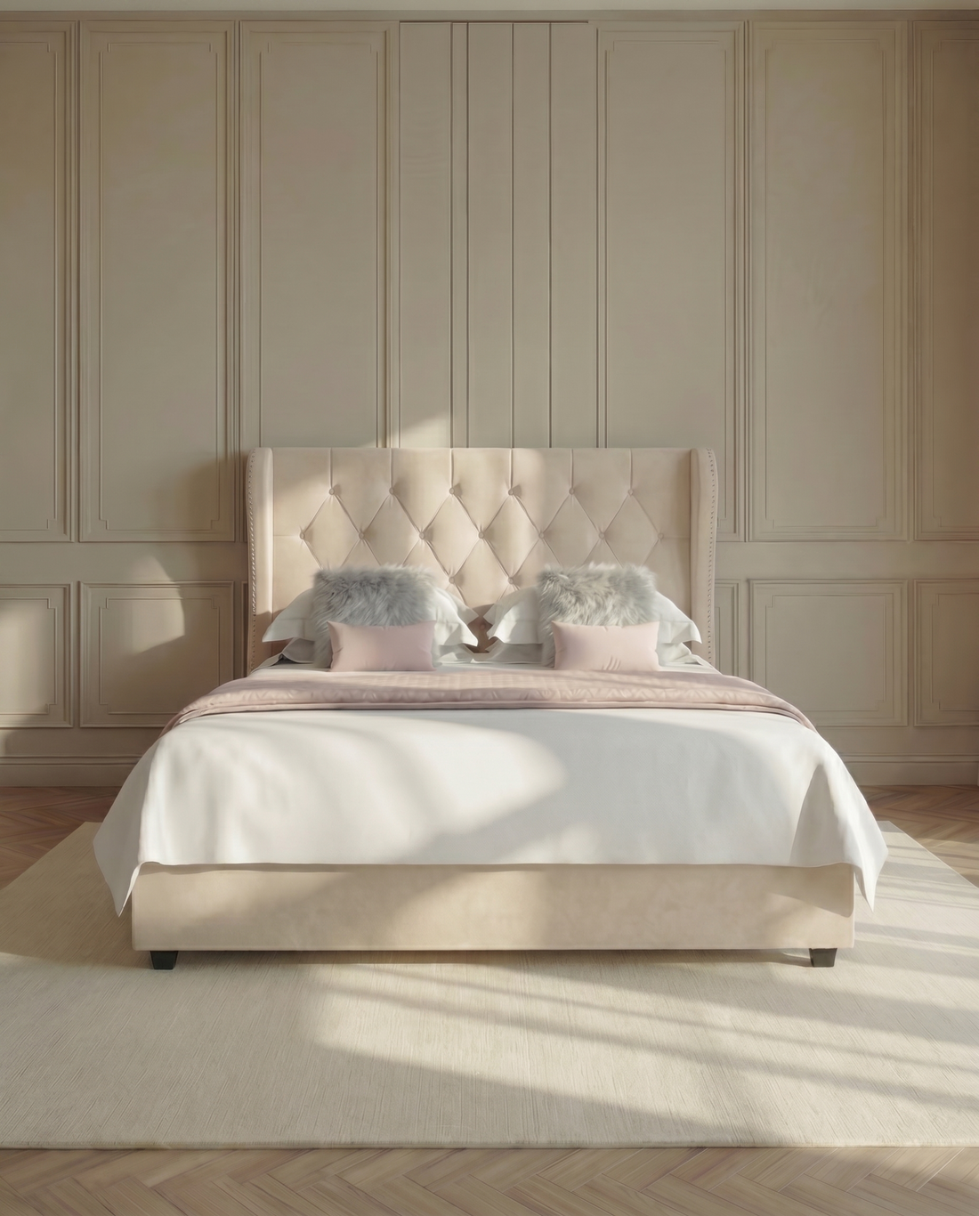 Azalea Upholstered Wingback Bed with statement headboard