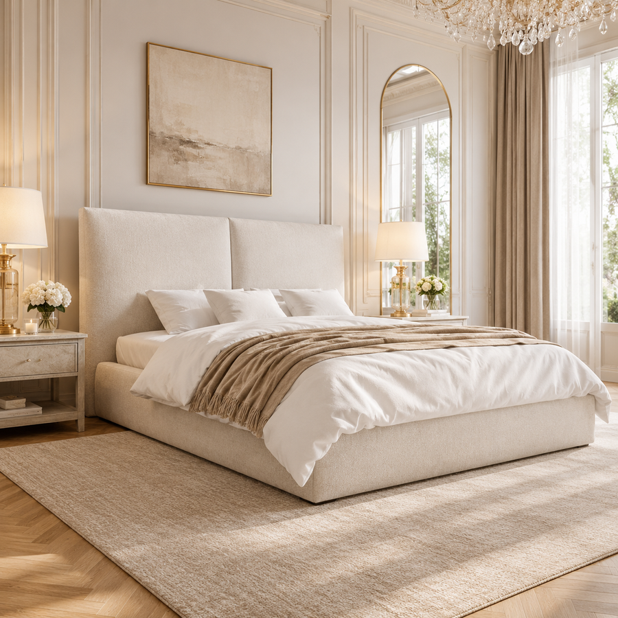 Beige Linen Double Ottoman Bed with Pillow Headboard - Dune
