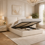 Beige Linen Double Ottoman Bed with Pillow Headboard - Dune