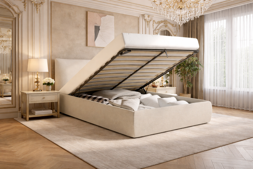 Beige Linen Double Ottoman Bed with Pillow Headboard - Dune