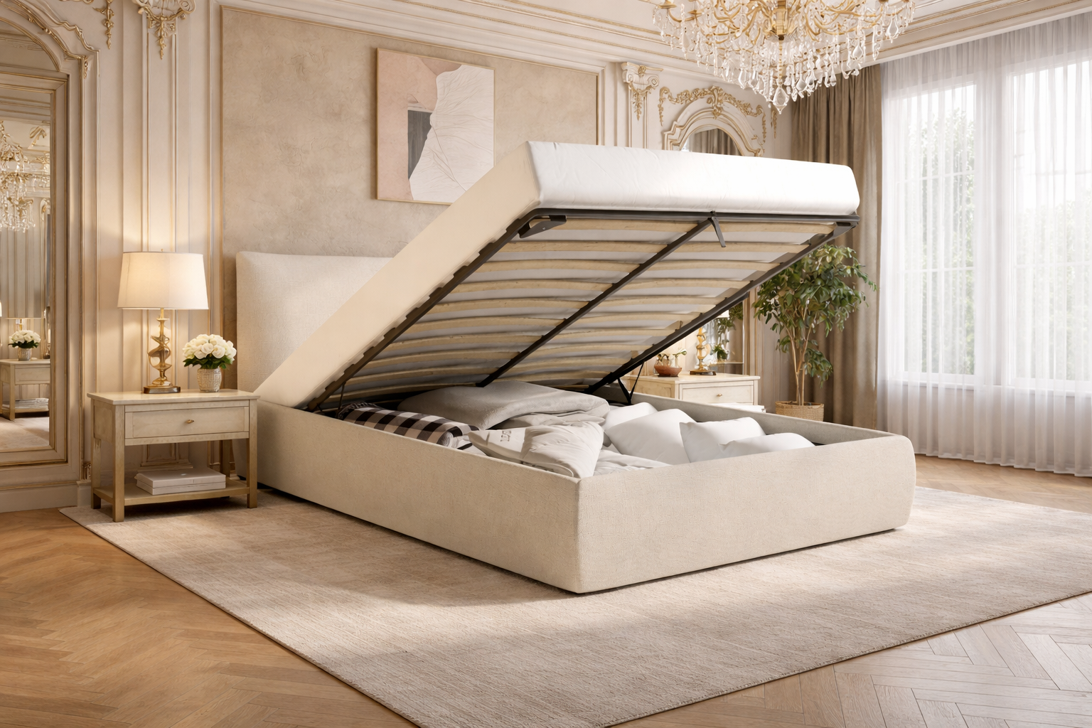 Beige Linen Double Ottoman Bed with Pillow Headboard - Dune